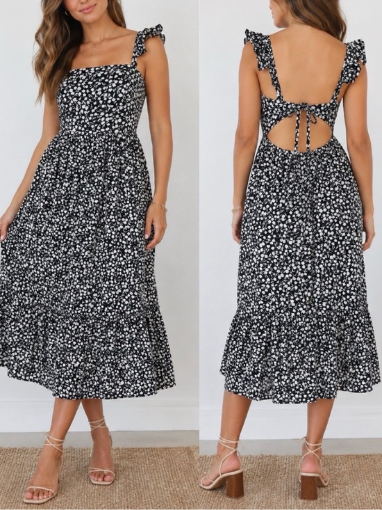 RIXO Dresses & Skirts - 🦋 RIXO| EUC Black Floral Ruffle Strap Open back cottage core midi dress size 2